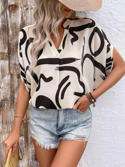 Perfee Printed Notched Half Sleeve Blouse for Women - Selvanelle