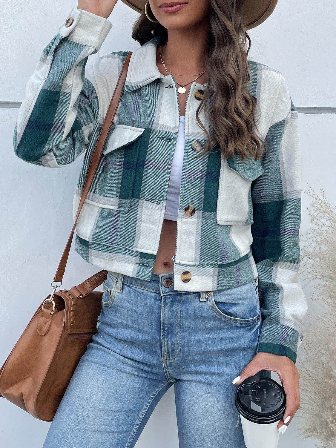 Perfee Plaid Button Up Drop Shoulder Cropped Jacket for Women - Selvanelle