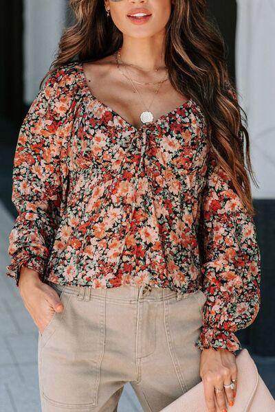 Peplum Tied Flora Long Sleeve Blouse for Women Stylish - Selvanelle