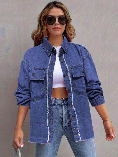 Pocketed Collared Neck Long Sleeve Denim Shirt for Women - Selvanelle