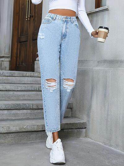 Distressed High Rise Jeans with Pockets for Women - Selvanelle