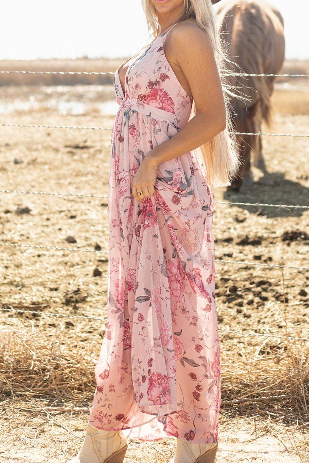 Floral Pleated Deep V Backless Maxi Dress - Selvanelle