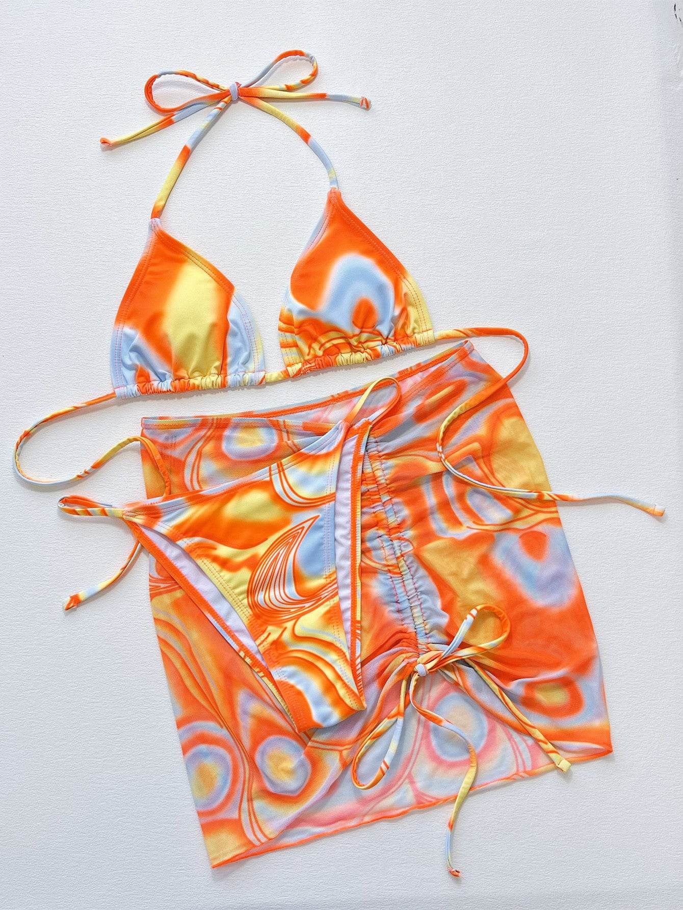 Multicolored Drawstring Ruched Three-Piece Swim Set - Selvanelle