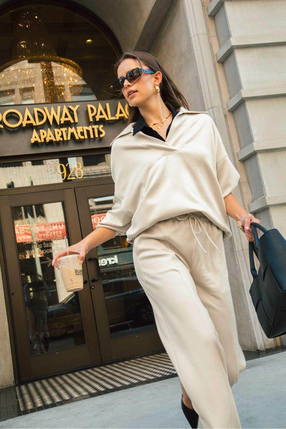 Umgee Johnny Collar Dropped Shoulder Sweatshirt for Women - Selvanelle