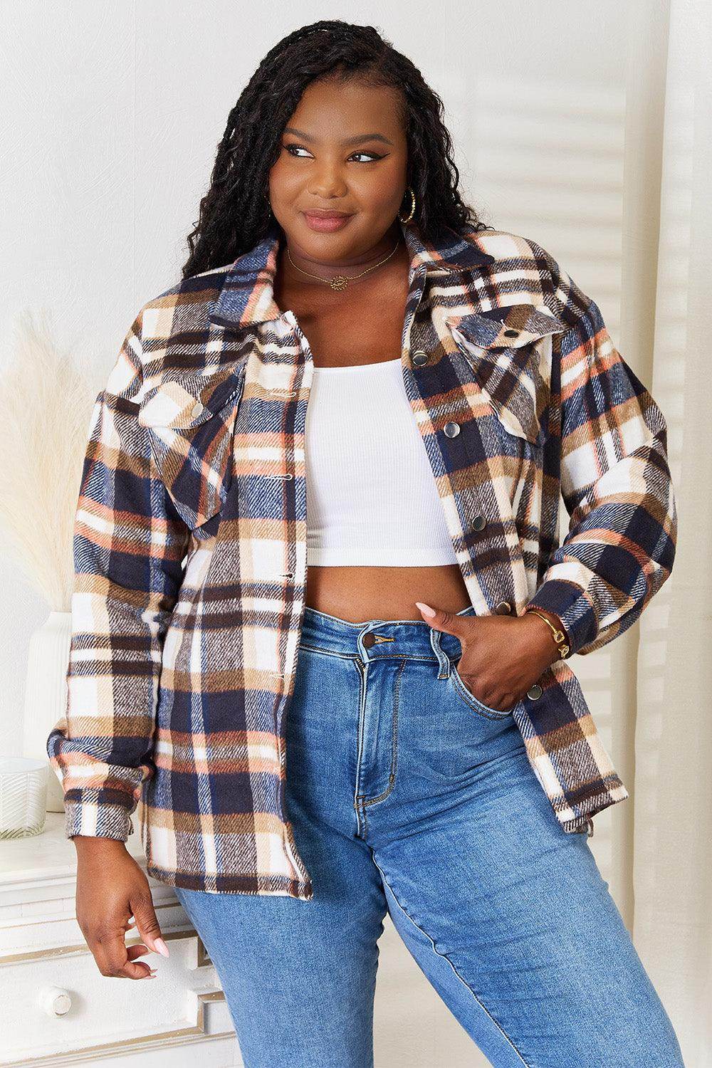 Double Take Plaid Button Front Shirt Jacket with Breast Pockets - Selvanelle