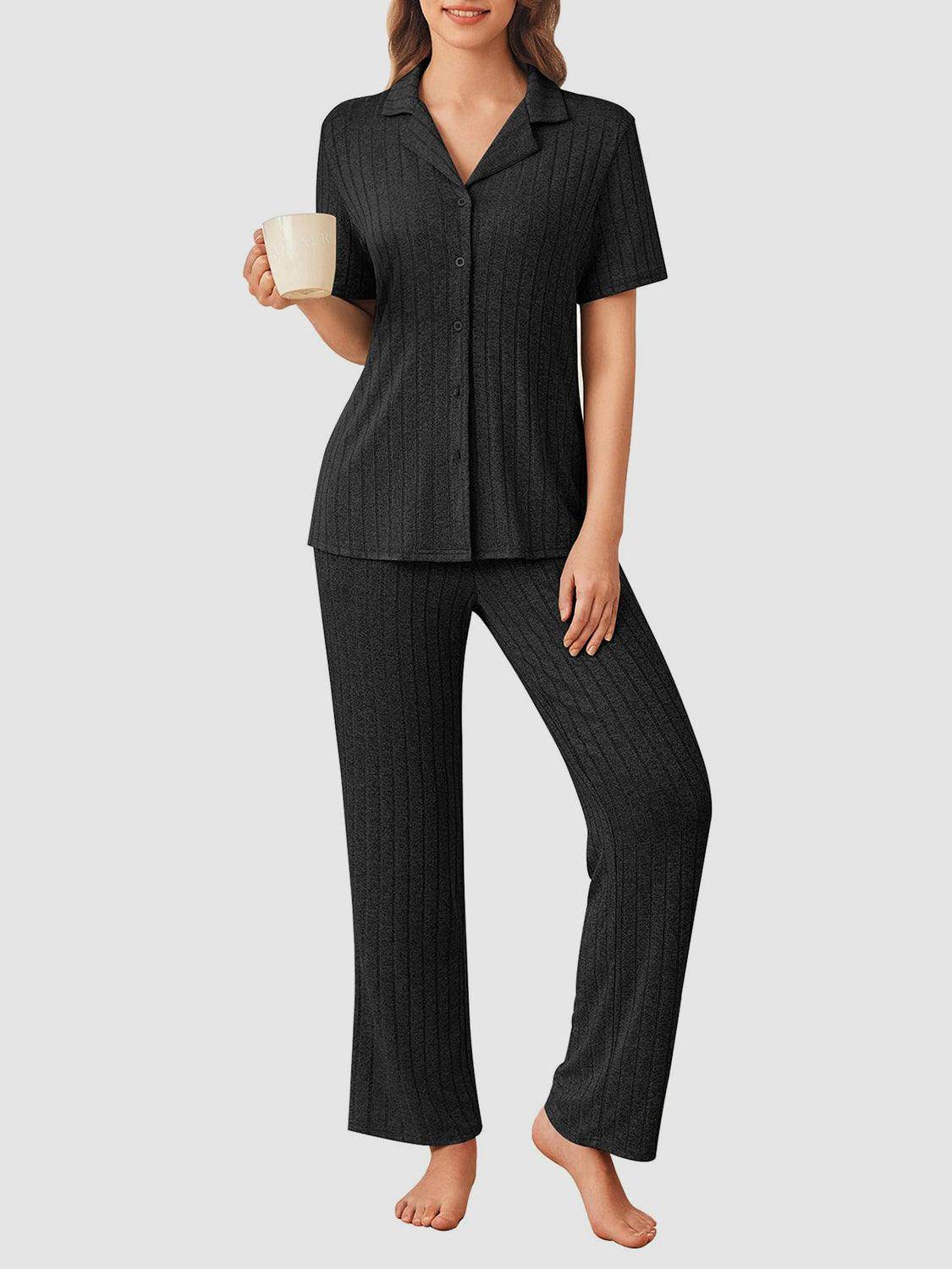 Button Down Long Sleeve Top and Pants Lounge Set for Women - Selvanelle