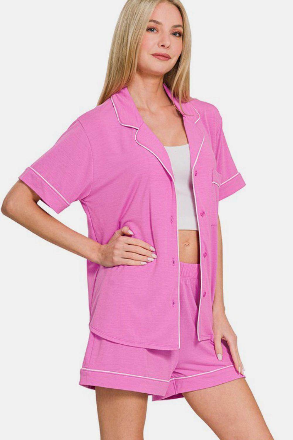 Zenana Button Down Short Sleeve Top and Shorts Lounge Set - Selvanelle
