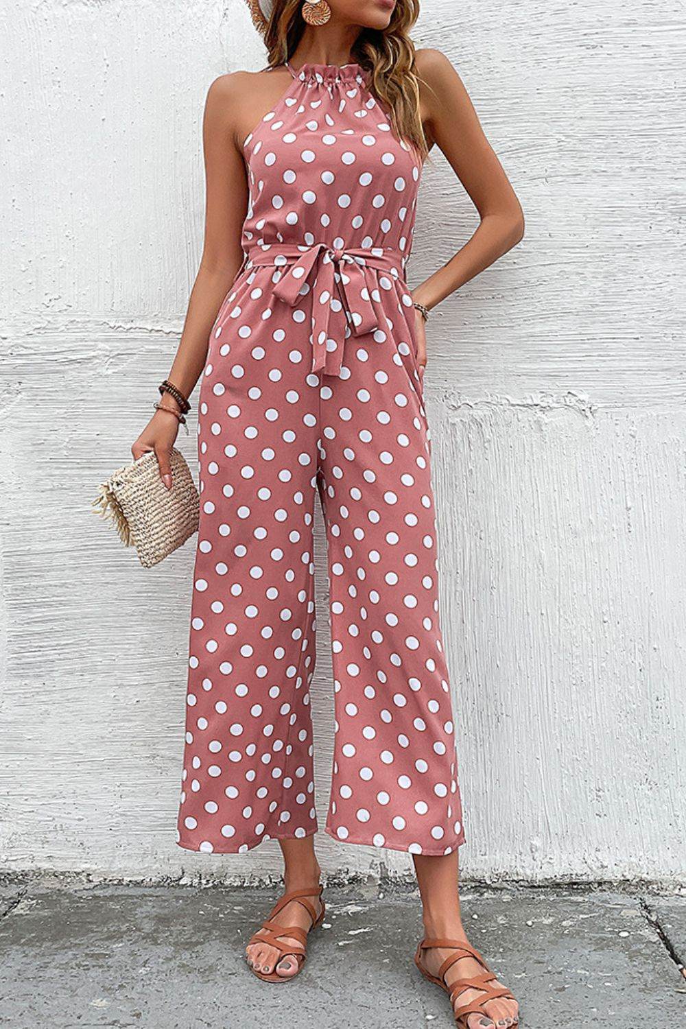 Perfee Polka Dot Grecian Wide Leg Jumpsuit - Selvanelle