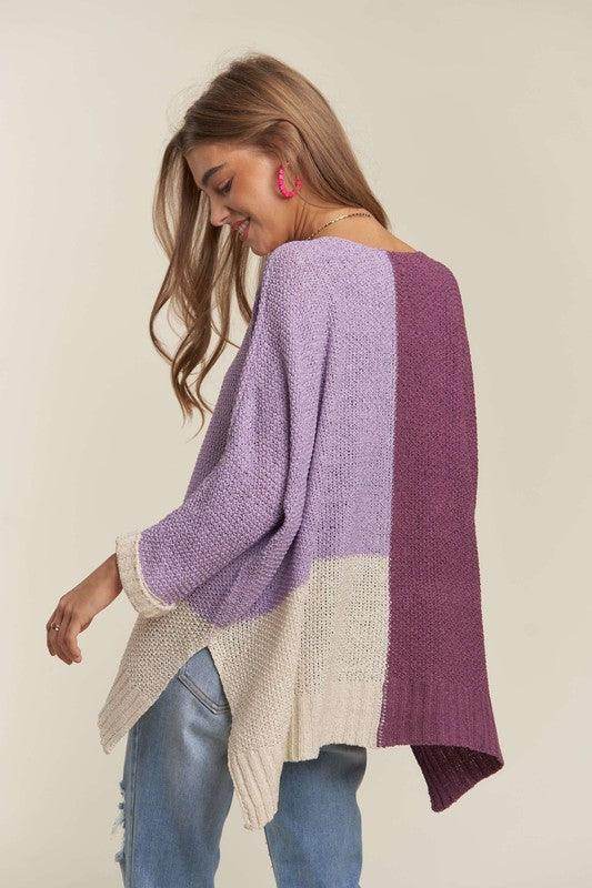 ADORA Side Slit Color Block Long Sleeve Sweater for Women - Selvanelle
