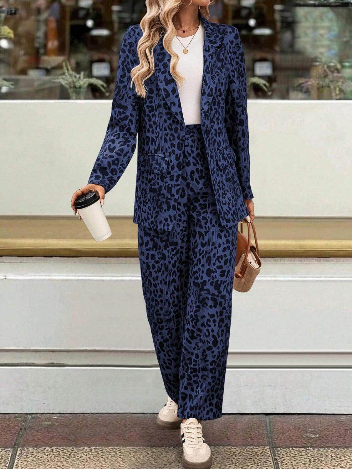 Full Size Leopard Lapel Collar Blazer and Pants Set - Selvanelle