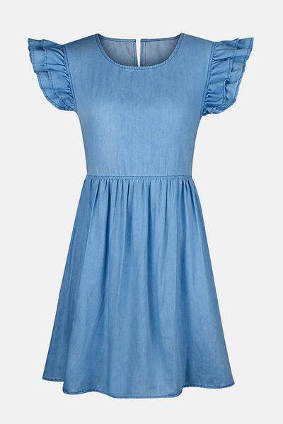 Full Size Ruffled Round Neck Cap Sleeve Denim Dress for Women - Selvanelle