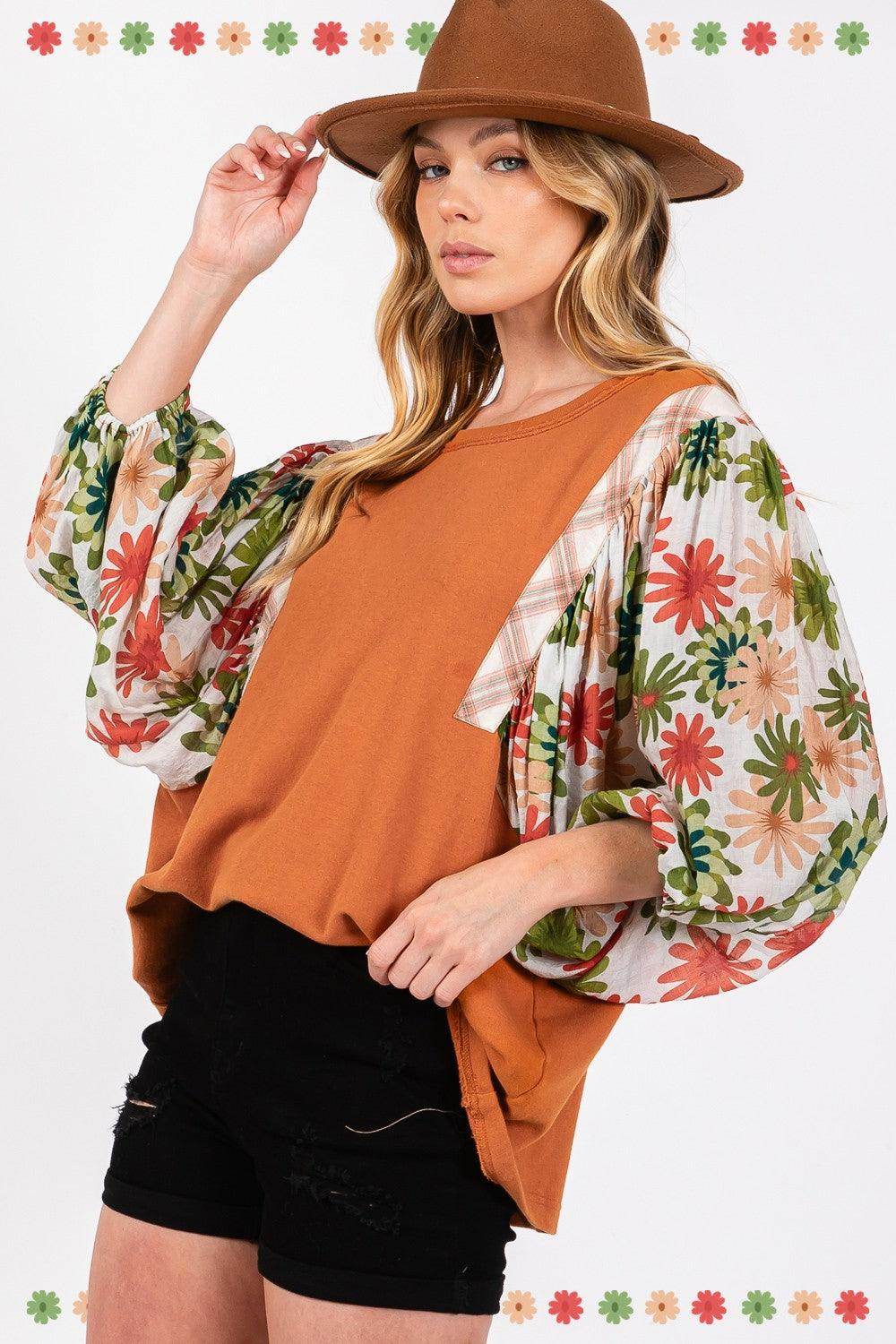 SAGE + FIG Full Size Printed Balloon Sleeve Contrast Top - Selvanelle
