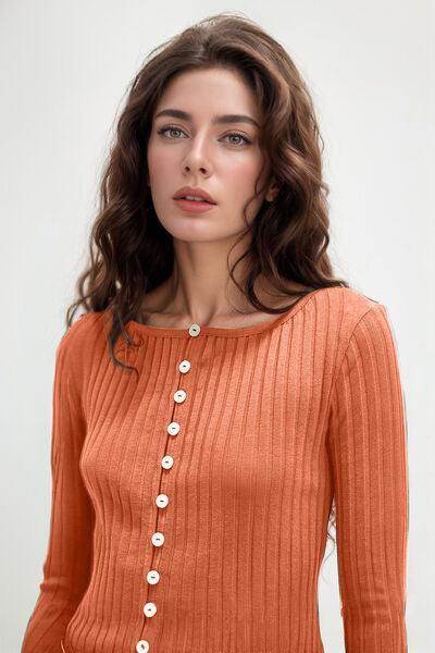 Basic Bae Texture Button Up Round Neck Long Sleeve Top - Selvanelle