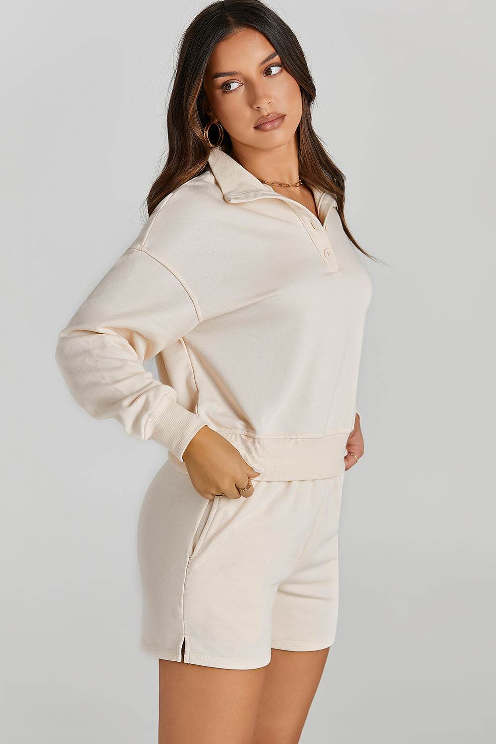 Half Button Sweatshirt and Shorts Active Set - Selvanelle