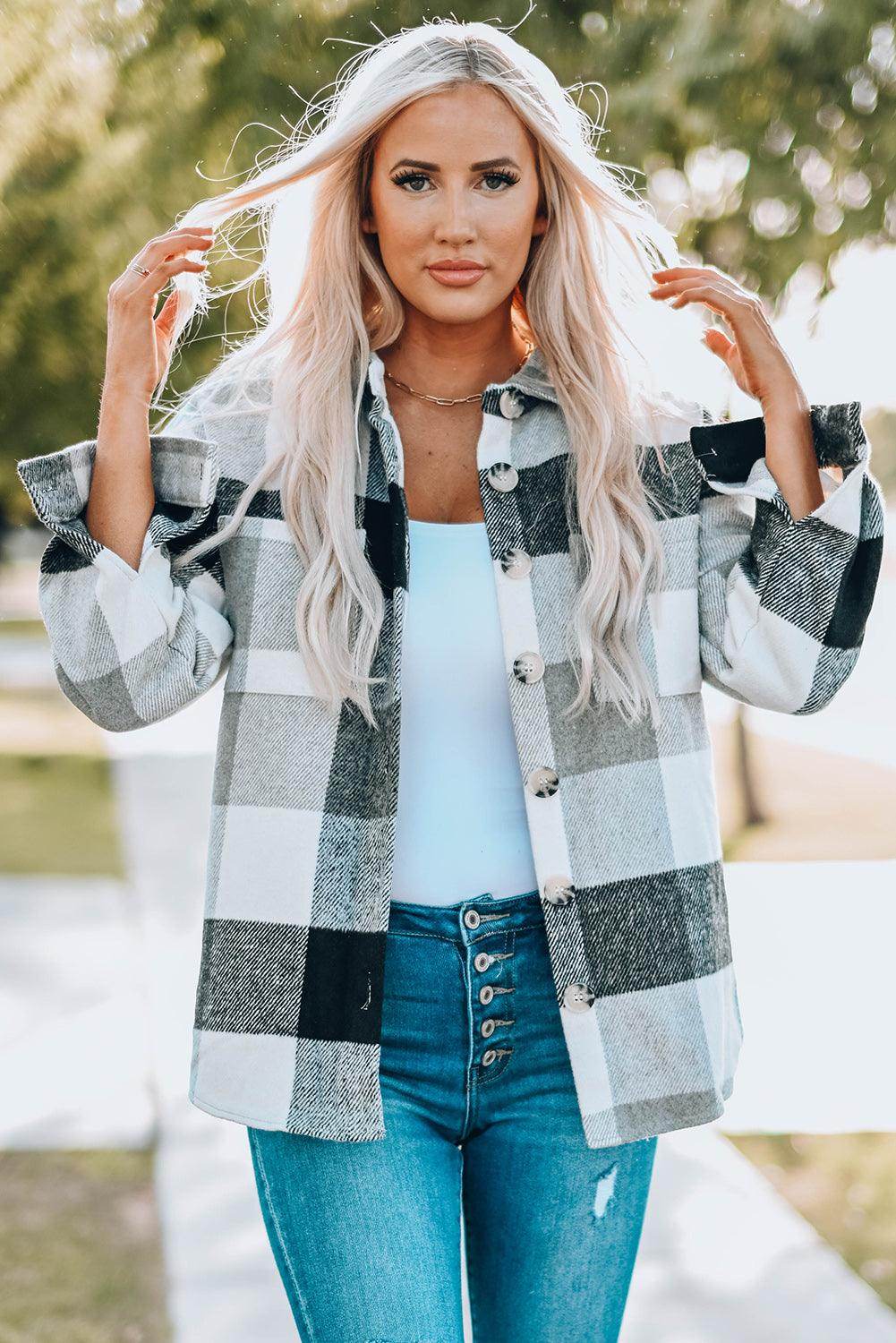 Plaid Button Up Dropped Shoulder Jacket for Women Stylish - Selvanelle
