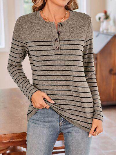Lovelet Quarter Button Striped Round Neck Long Sleeve T-Shirt - Selvanelle