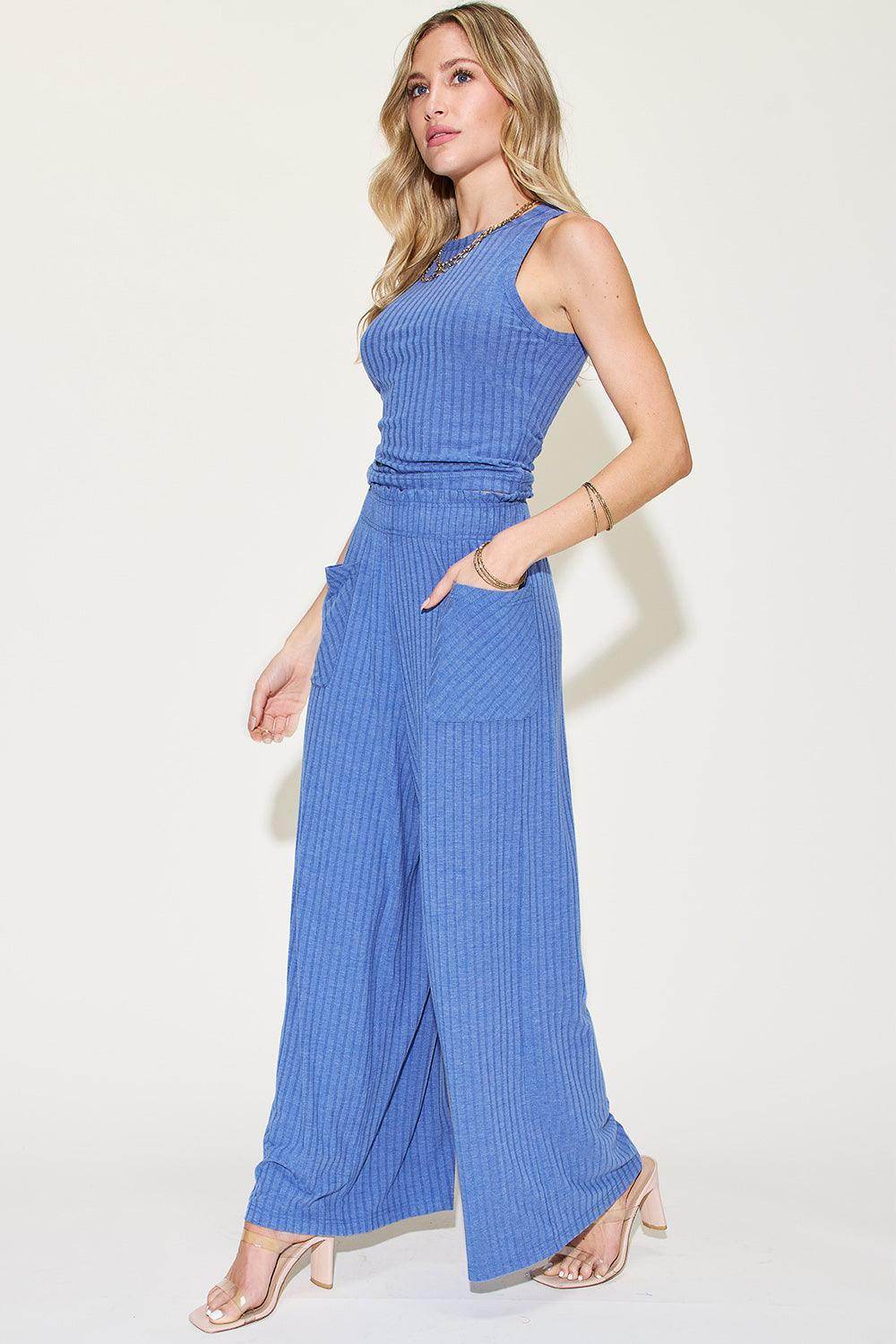 Basic Bae Full Size Ribbed Tank and Wide Leg Pants Set - Selvanelle