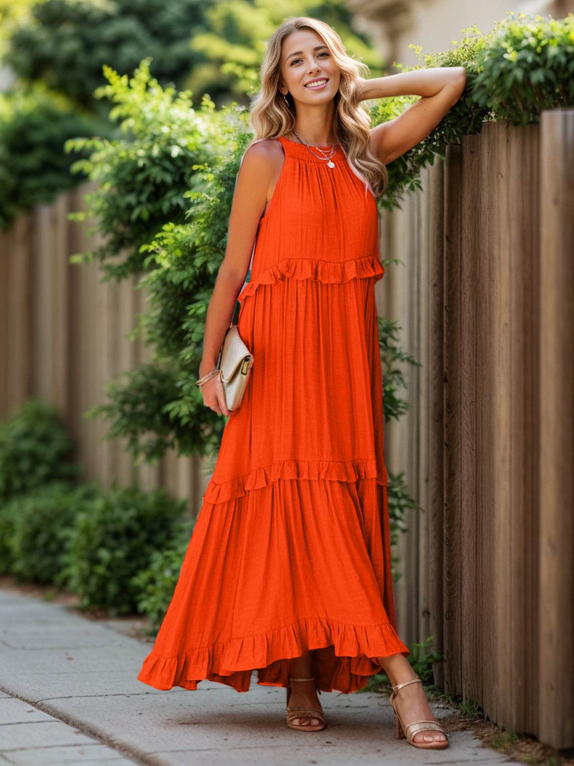 Ruffled Sleeveless Tiered Maxi Dress with Pockets - Selvanelle
