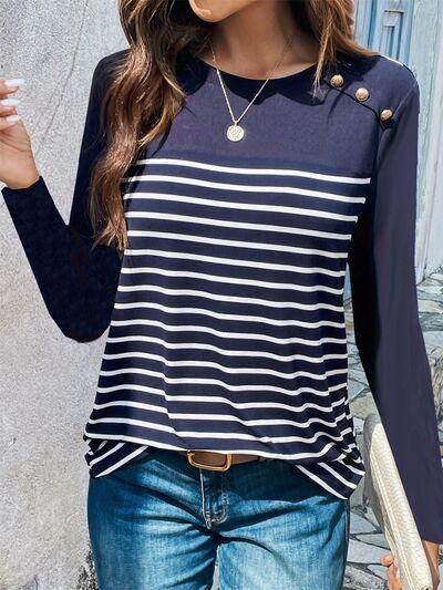 Decorative Button Striped Round Neck Long Sleeve T-Shirt - Selvanelle