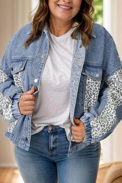 Plus Size Leopard Long Sleeve Denim Jacket for Women - Selvanelle