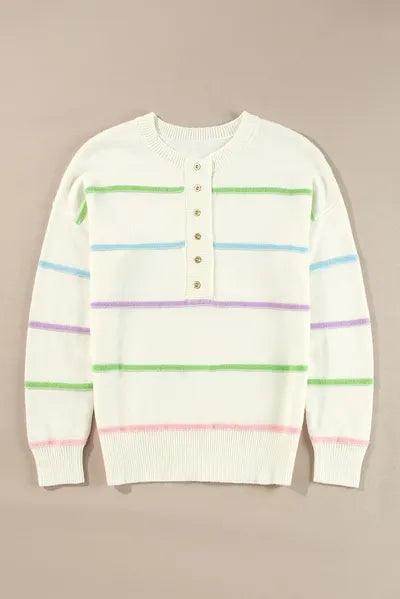 Contrast Striped Half Button Round Neck Sweater for Women - Selvanelle