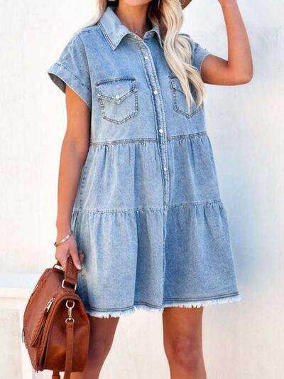 Raw Hem Short Sleeve Denim Dress for Casual Style - Selvanelle