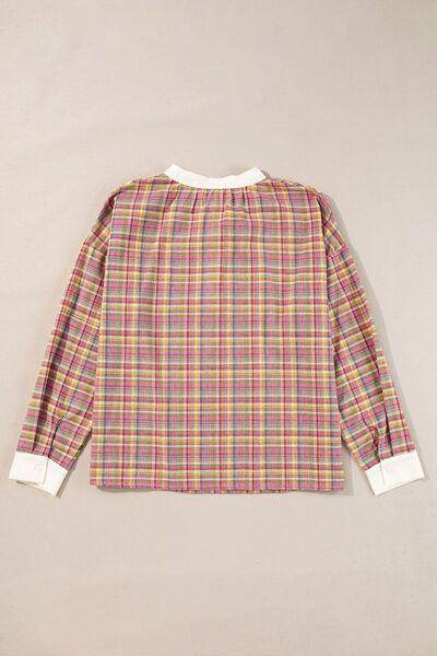 Multi-Color Plaid Round Neck Long Sleeve Blouse for Women - Selvanelle