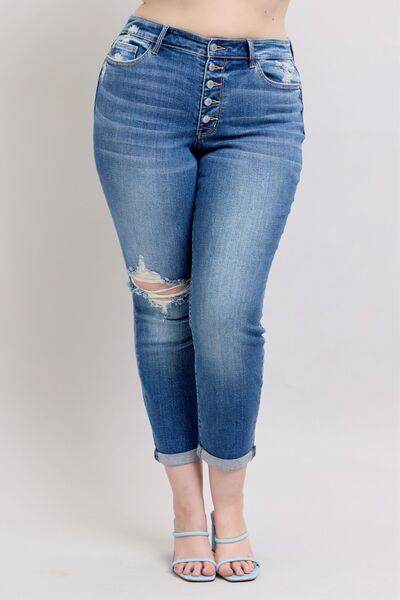 Judy Blue Full Size Button Fly Distressed Jeans Plus Size - Selvanelle