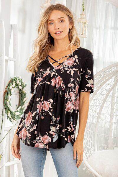 Heimish Full Size Crisscross Neck Floral Babydoll Top Plus Size - Selvanelle