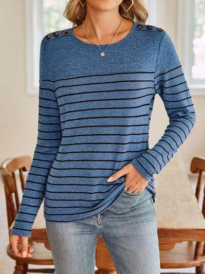 Lovelet Striped Round Neck Long Sleeve T-Shirt for Women - Selvanelle