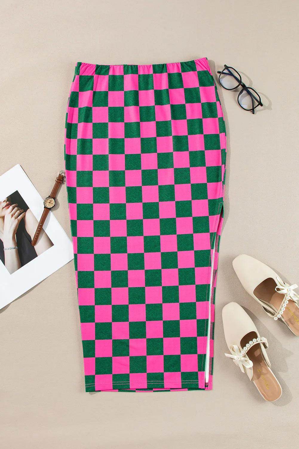 Stylish Split Checkered Midi Skirt for Effortless Chic - Selvanelle