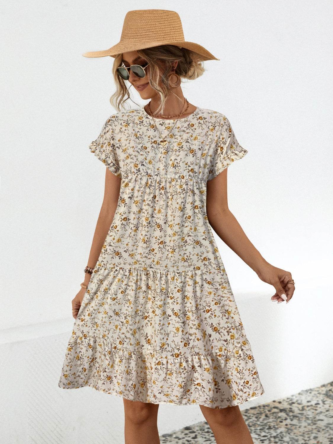 Frill Floral Round Neck Short Sleeve Tiered Dress - Selvanelle