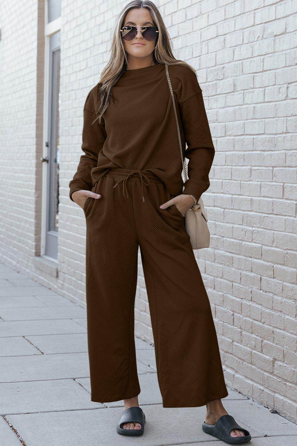 Double Take Full Size Textured Long Sleeve Top and Drawstring Pants Set for Women - Selvanelle