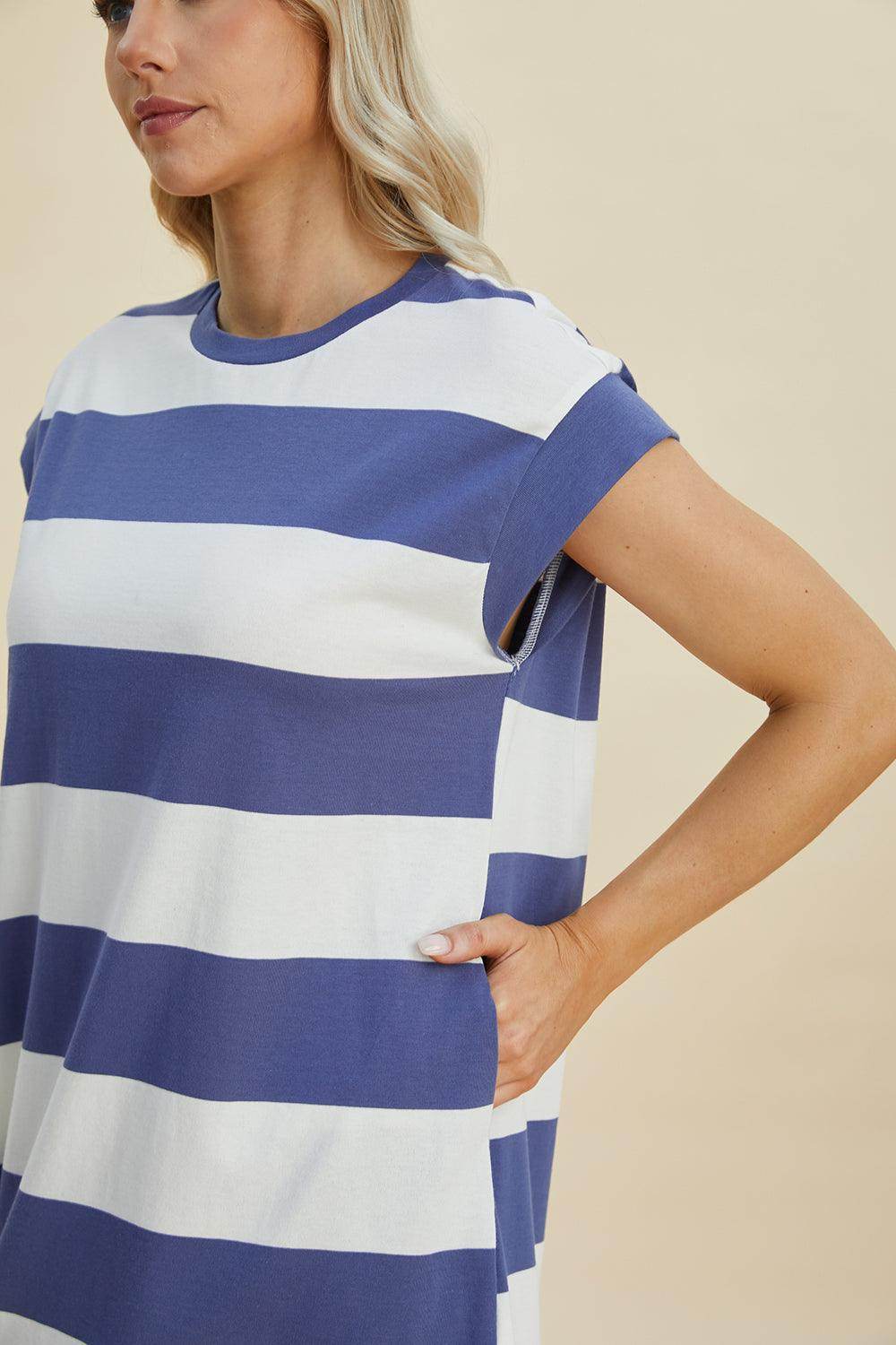 Basic Bae Full Size Striped Round Neck Cap Sleeve Mini Dress - Selvanelle