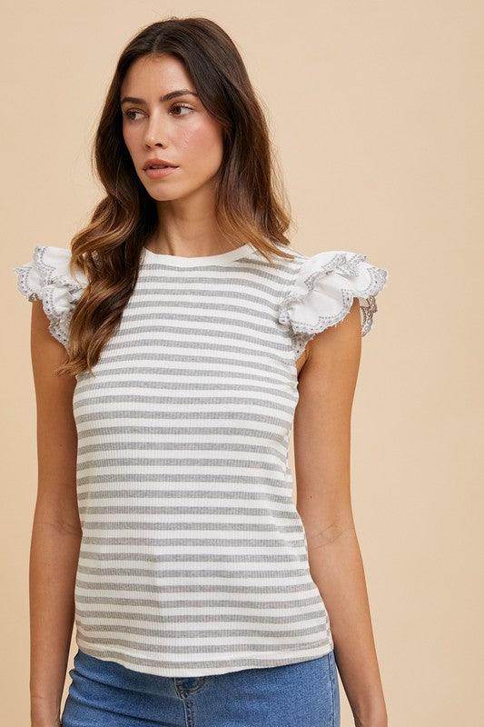 Annie Wear Ruffled Striped Round Neck Cap Sleeve Knit Top - Selvanelle