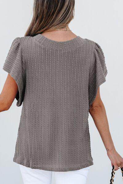 Textured Round Neck Flounce Sleeve Blouse for Stylish Wear - Selvanelle