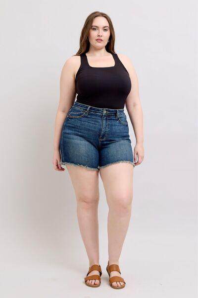 Judy Blue Tummy Control Fray Hem Denim Shorts for Women - Selvanelle