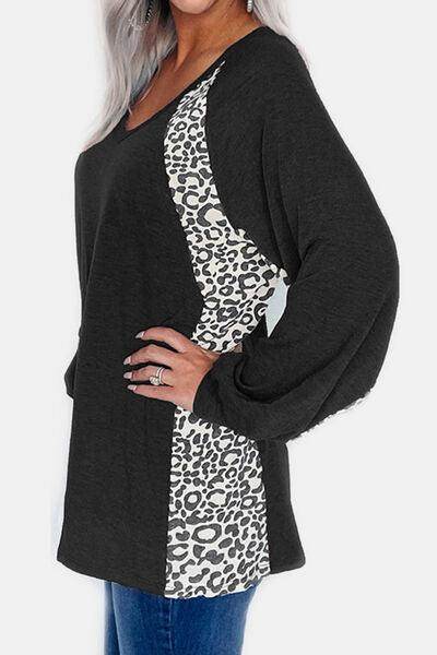 Full Size Leopard V-Neck Long Sleeve T-Shirt for Women - Selvanelle