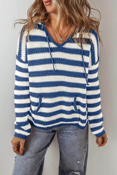 Drawstring Striped Long Sleeve Hooded Sweater for Women - Selvanelle