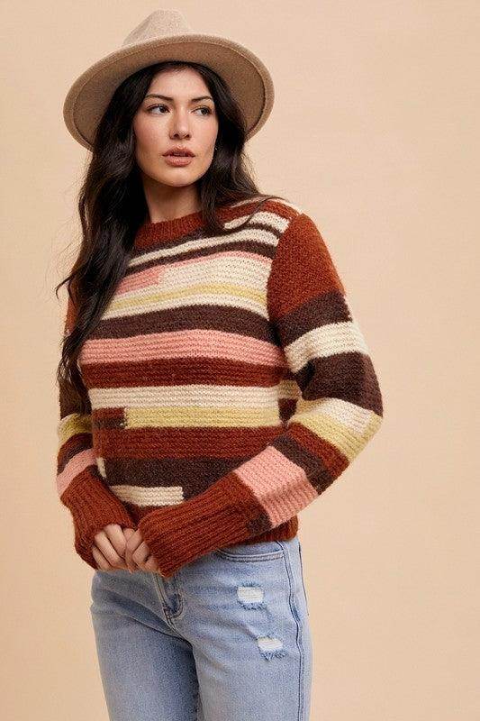 Annie Wear Color Block Round Neck Long Sleeve Sweater - Selvanelle