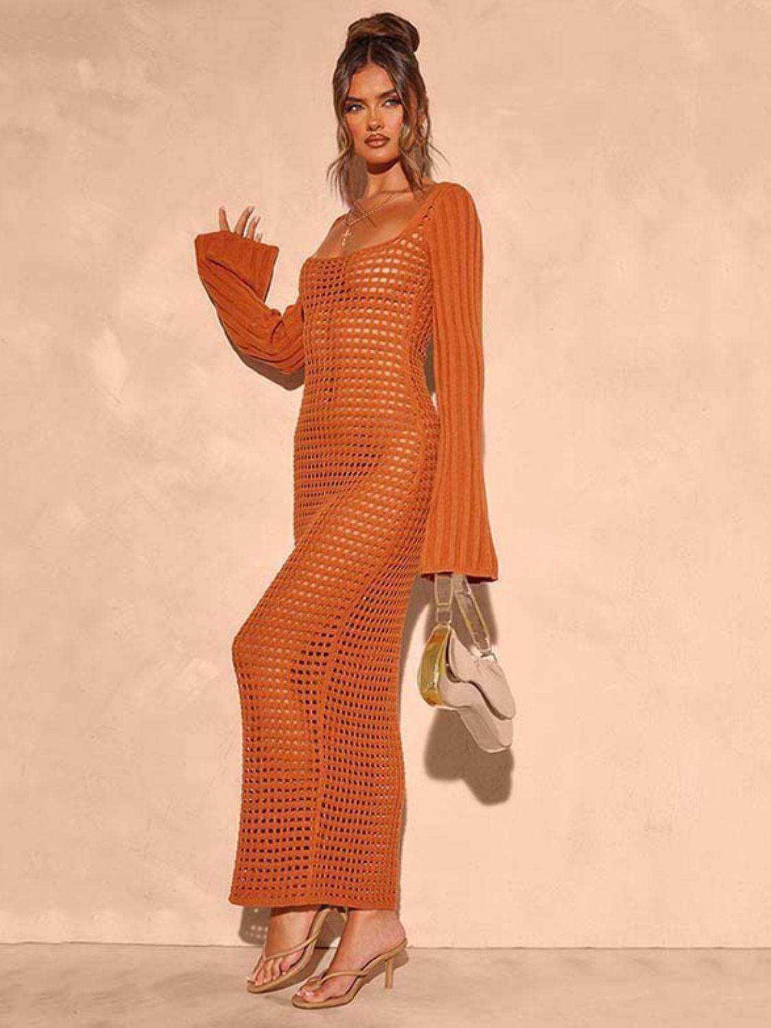 Openwork Square Neck Flare Sleeve Cover-Up Dress - Selvanelle