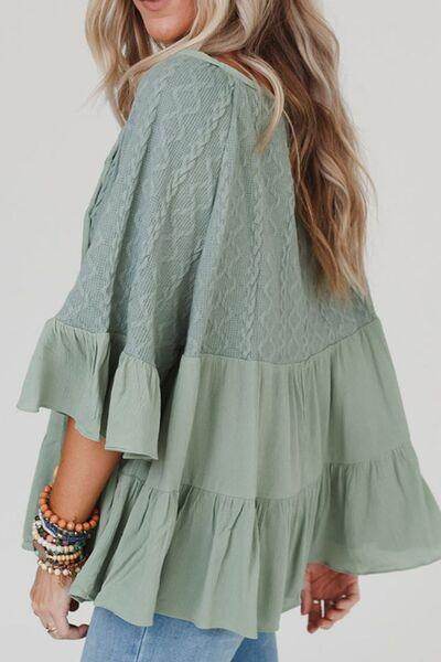Ruffled Tie Neck Three-Quarter Sleeve Blouse for Women - Selvanelle