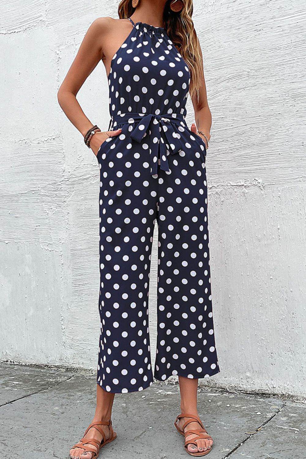 Perfee Polka Dot Grecian Wide Leg Jumpsuit - Selvanelle