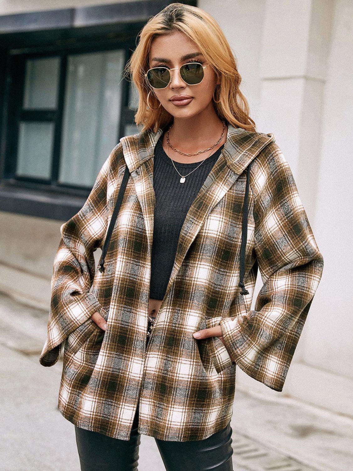 Ivy Lane Pocketed Plaid Long Sleeve Hooded Jacket for Women - Selvanelle
