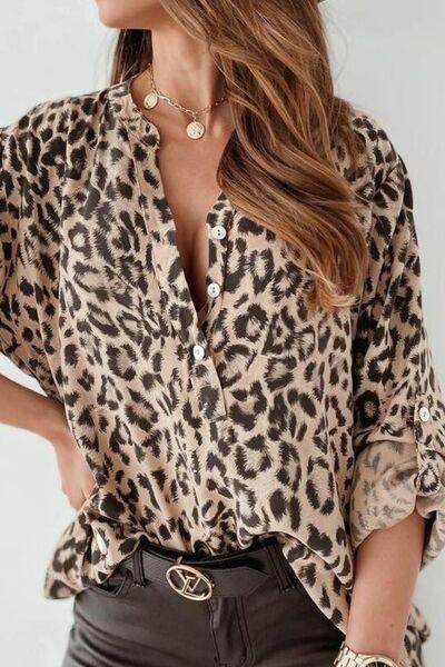 Leopard Button Detail Notched Long Sleeve Blouse for Women - Selvanelle
