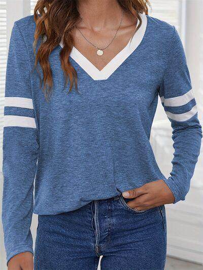 Heathered V-Neck Long Sleeve T-Shirt for Women Casual Wear - Selvanelle