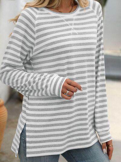 Mandy Striped Round Neck Long Sleeve T-Shirt for Women - Selvanelle