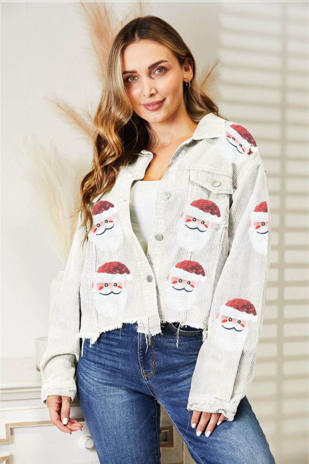 Santa Sequin Raw Hem Jacket with Pockets and Buttons - Selvanelle