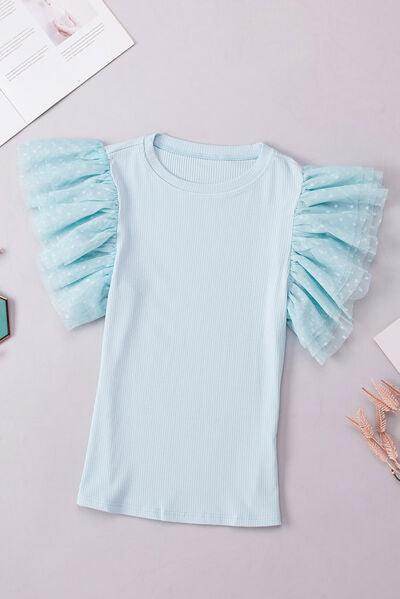 Ruffled Round Neck Cap Sleeve Top for Women Casual Wear - Selvanelle