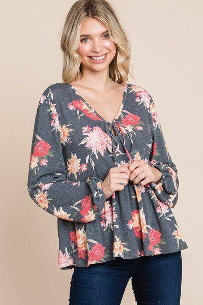 Super Lady Full Size Babydoll Floral Long Sleeve Blouse - Selvanelle